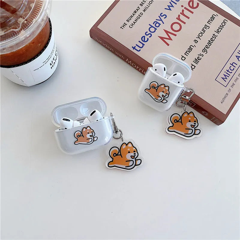 Transparent silicone headphone cover with jumping Shiba Inu pendant for AirPods Pro and AirPods 3