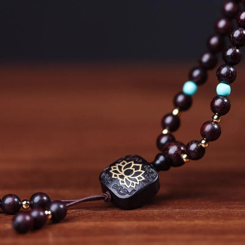 Zambia rosewood bead bracelet with 108 wooden beads and flat lotus pendant for DIY artistic projects