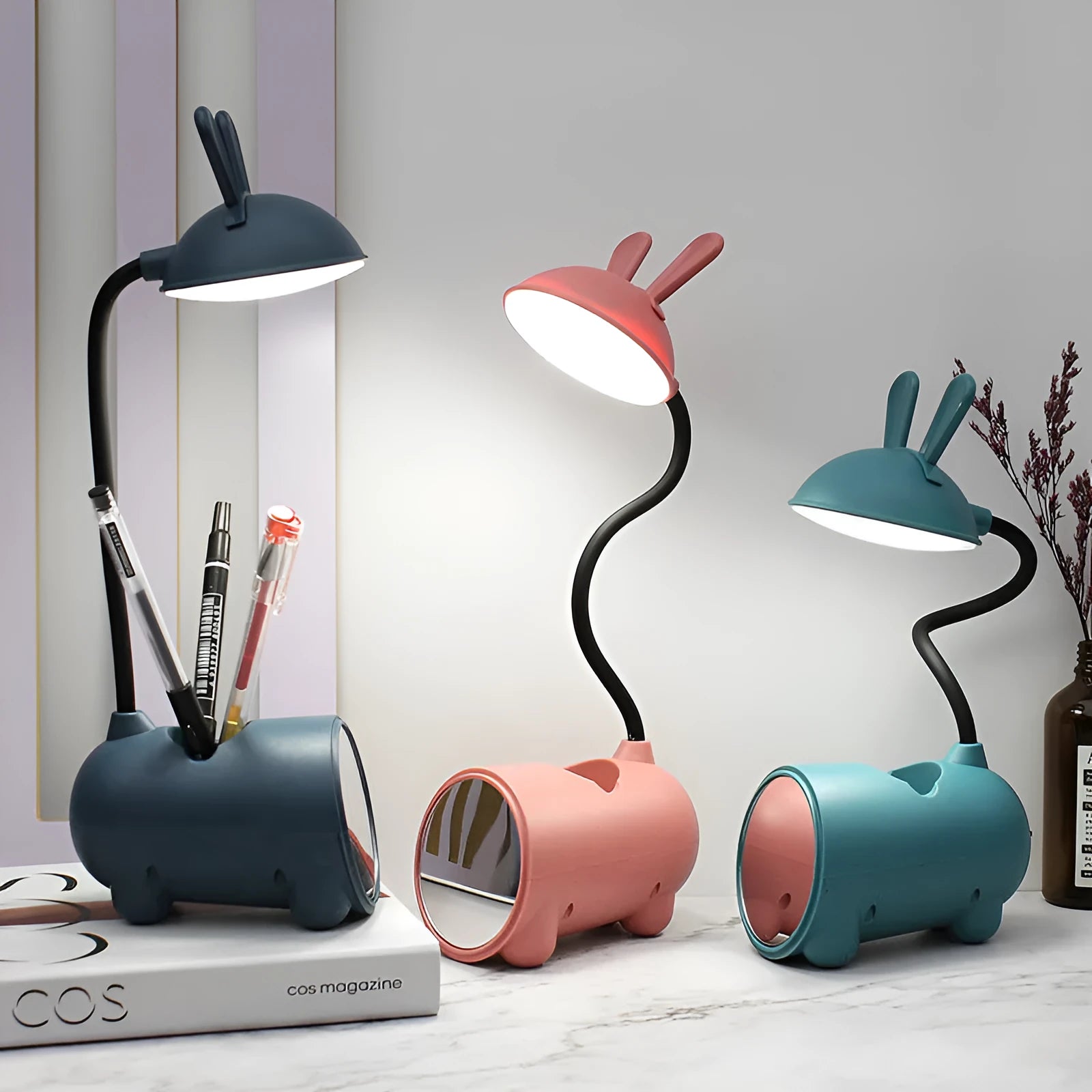 Cartoon-style desktop table lamp with pen container in green, dark blue, or pink colours