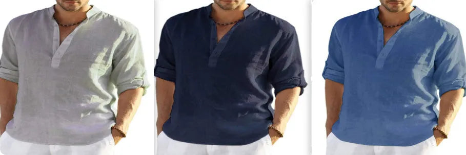 Men's casual cotton linen shirt in light blue with stand collar and button detail