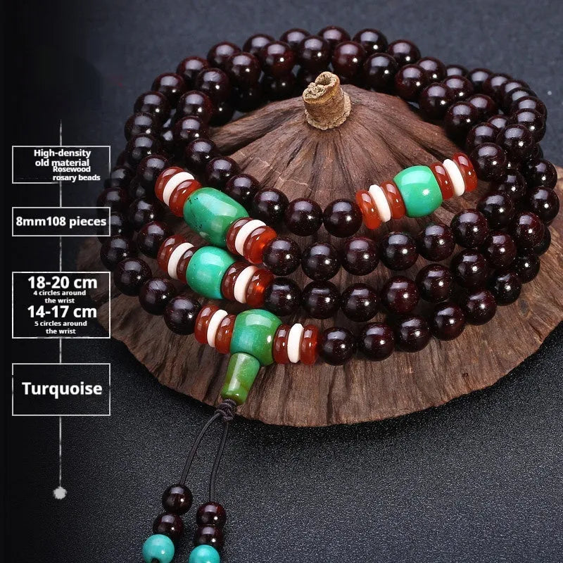 Men's rosewood bracelet with 108 beads, showing 6mm and 8mm size options alongside styles like lapis lazuli and turquoise.