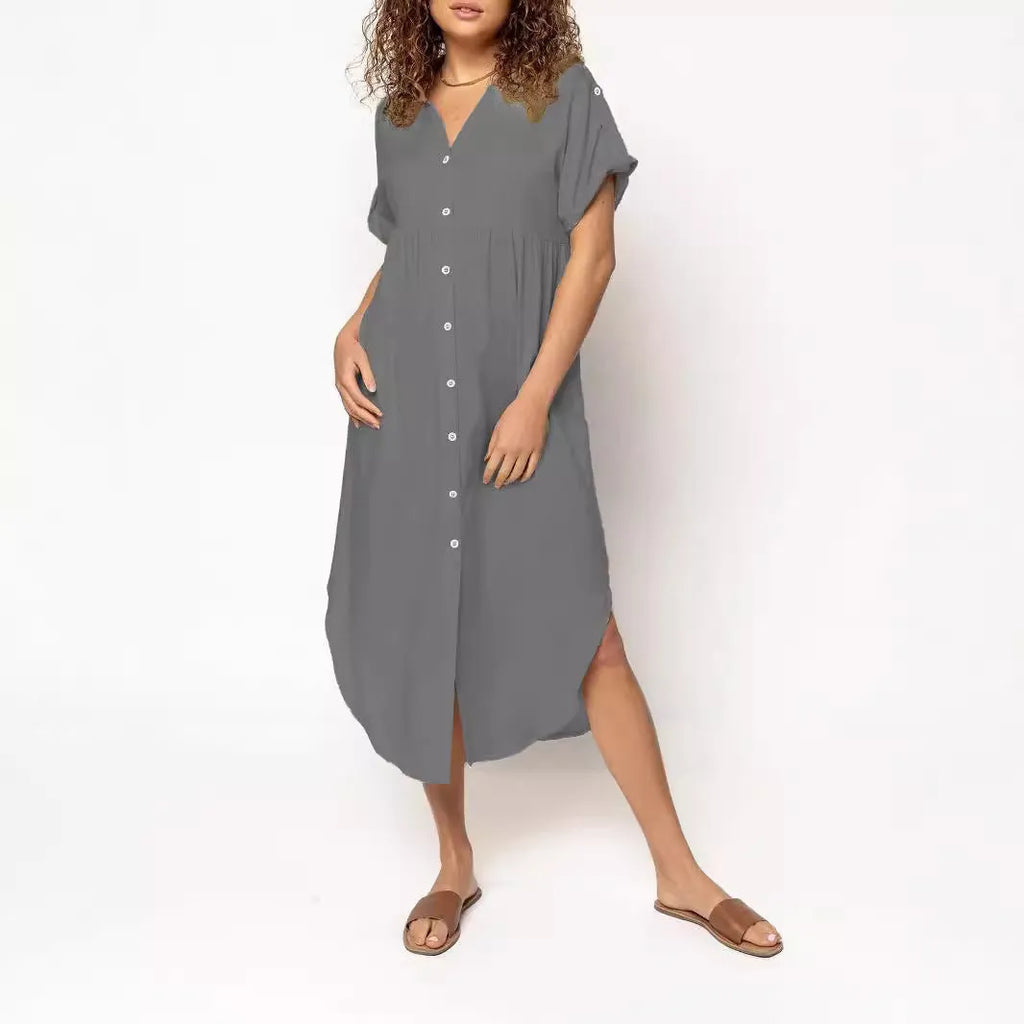 Button-front mid-length casual dress in solid colours with regular sleeves and polyester fabric