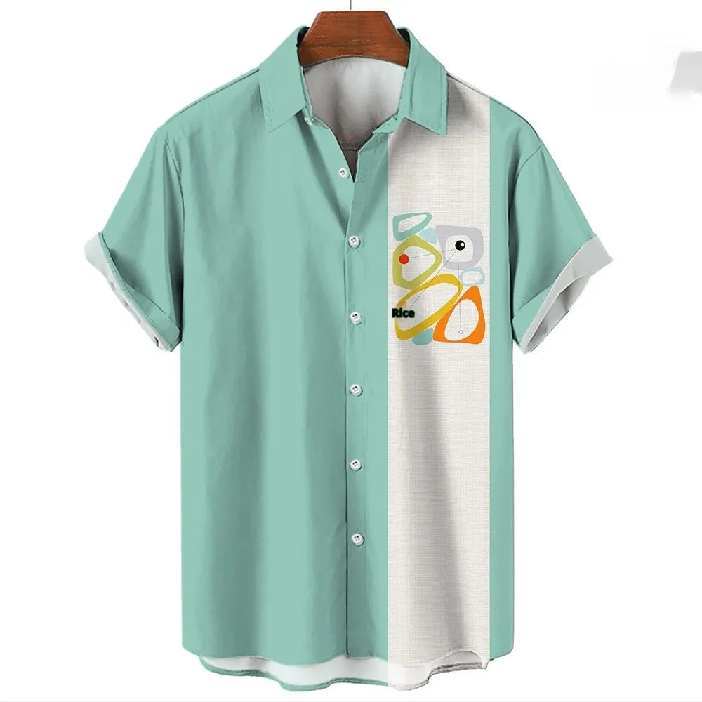 Men's striped Hawaiian shirt with button front and short sleeves in stretch elastic fabric