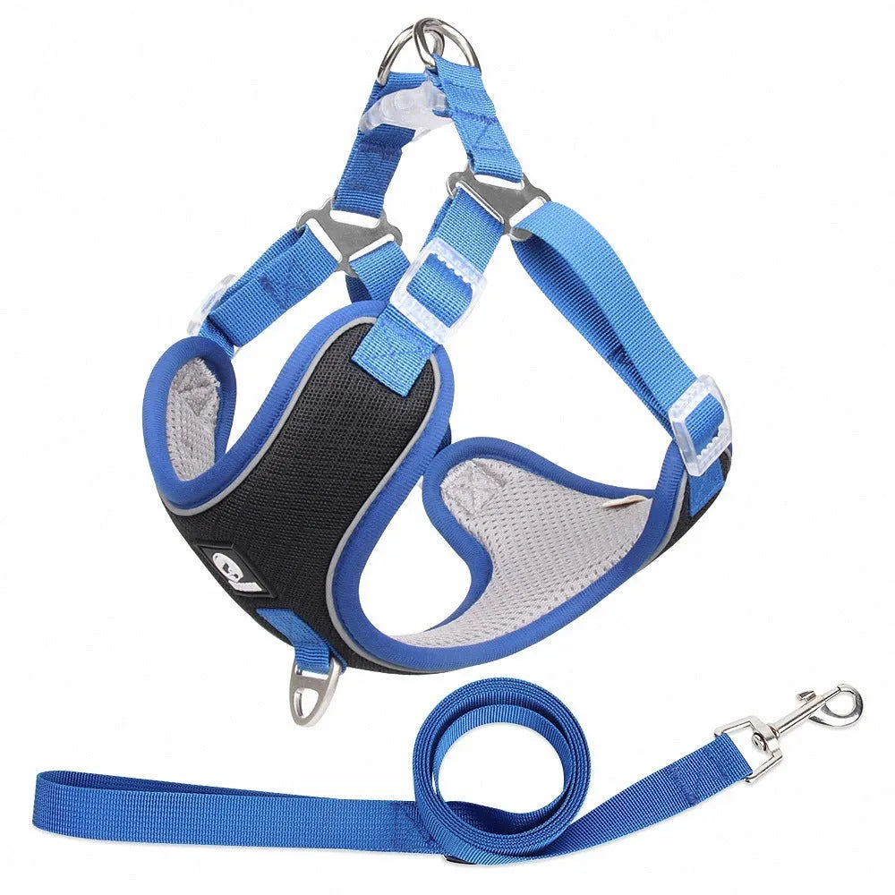Adjustable breathable dog harness with reflective piping in black, red, grey, or light purple colour options