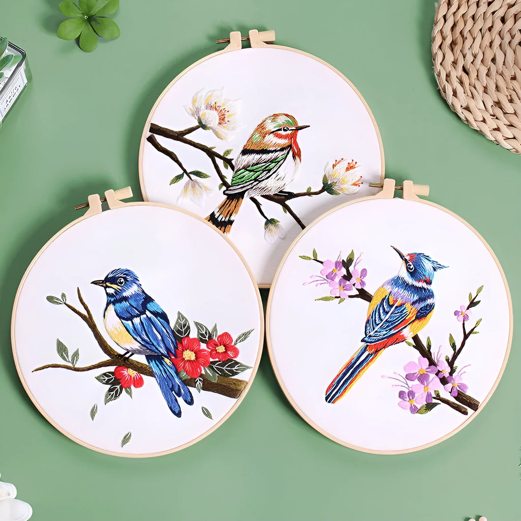 Flower and bird hanging painting embroidery DIY kit with chintz fabric, threader, scissors, and 20cm bamboo frame