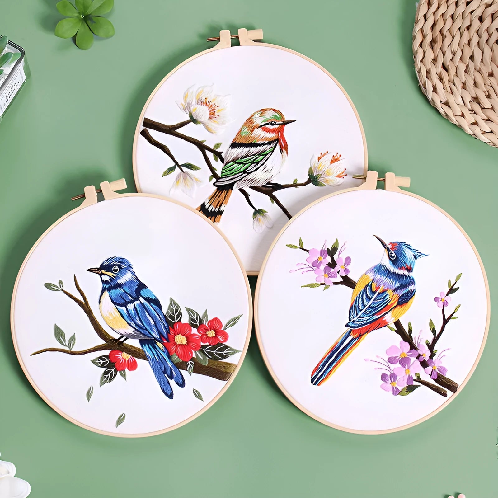 Flower and bird hanging painting embroidery DIY kit with chintz fabric, threader, scissors, and 20cm bamboo frame