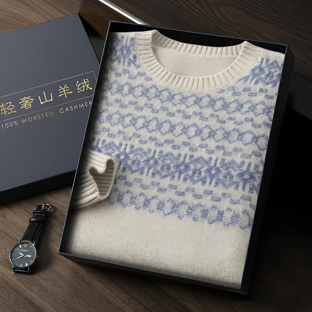 Men's jacquard cashmere sweater in beige, loose fit, long sleeves, thickened wool knit