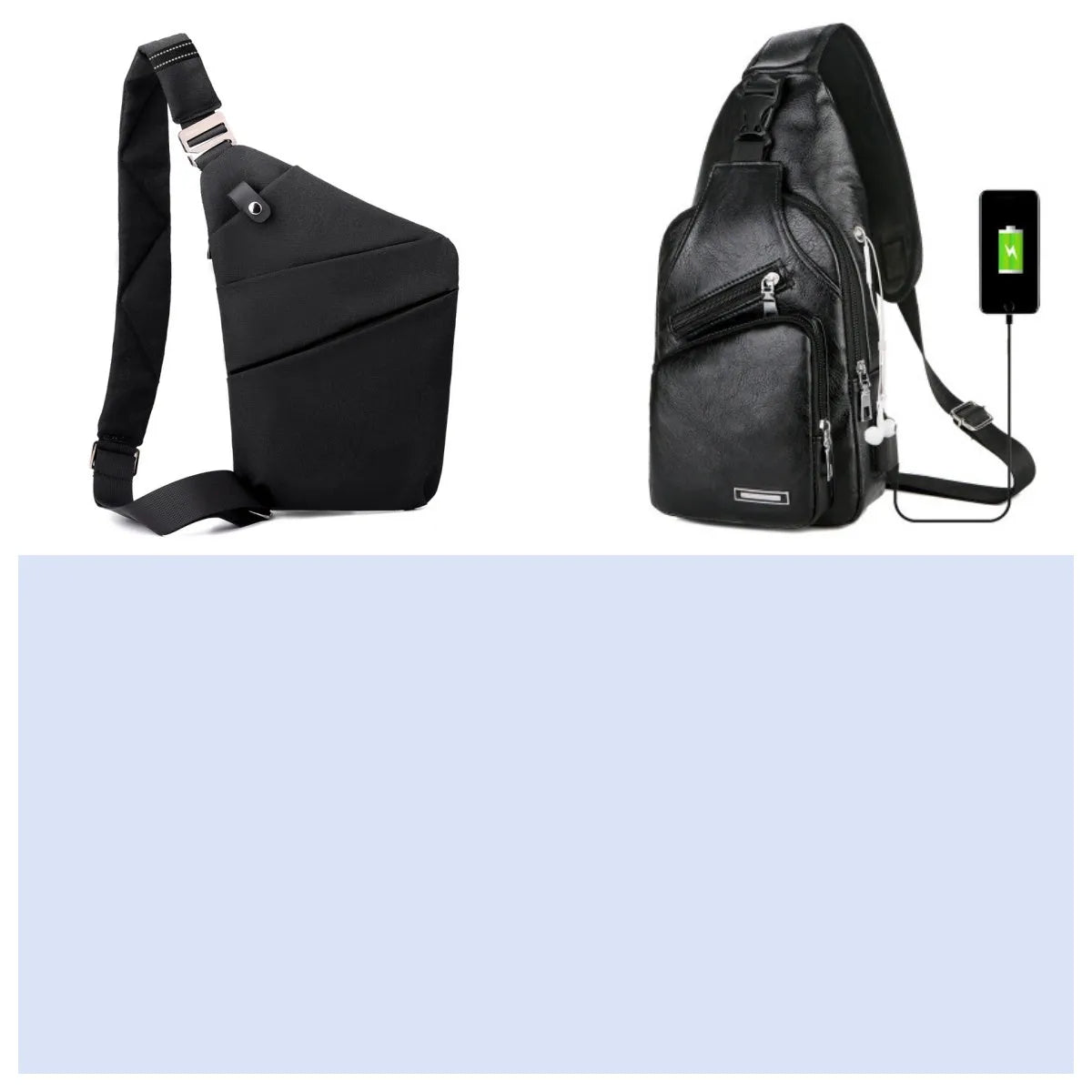 USB charging chest bag in black PU leather with embossed pattern showing front zipper and USB port