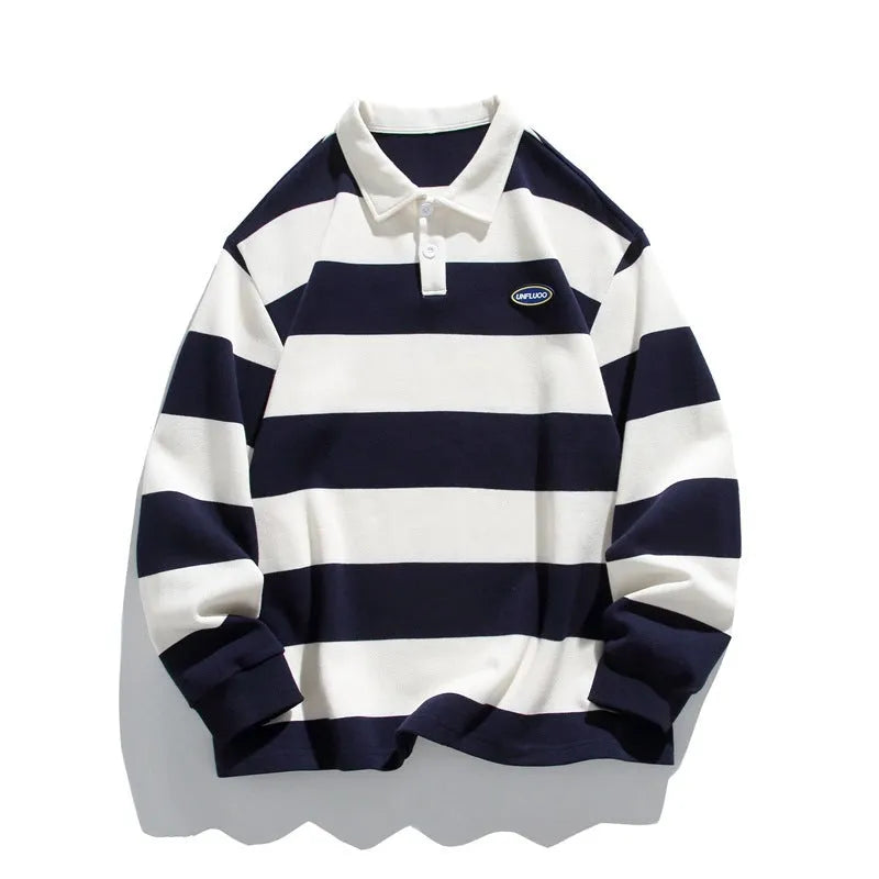 A loose-fit, long-sleeve striped polo shirt with a lapel collar, shown in three colour options.