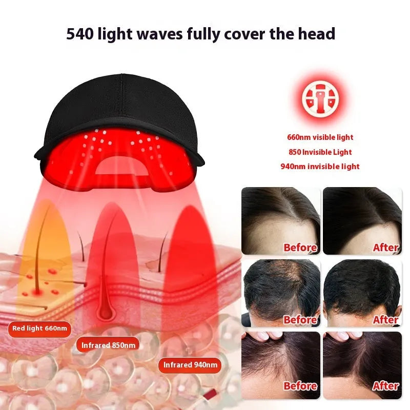 Black infrared peaked cap with 180 red LED lights for hair growth therapy on a stand.