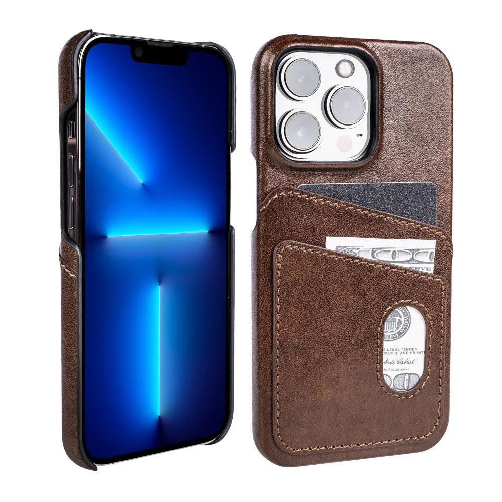 Flip PU leather phone case for iPhone showing card slot and folio cover in brown