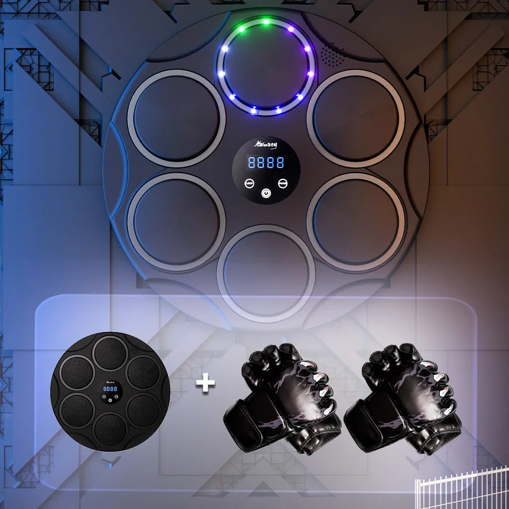 Black Bluetooth boxing target with coloured LED lights hanging on wall for fitness training