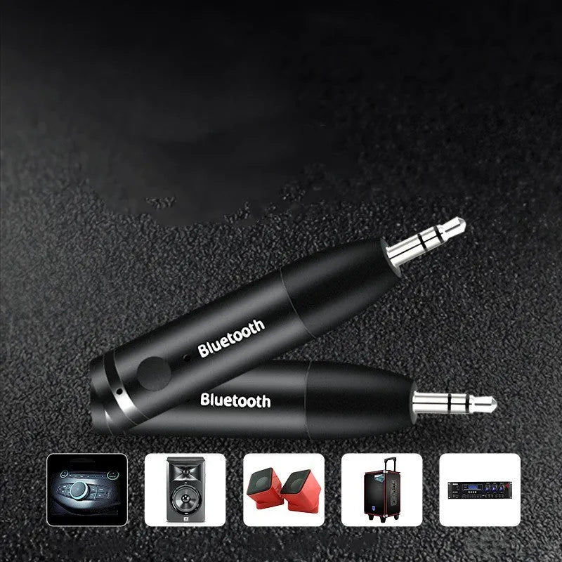 Black Bluetooth AUX receiver for car and home stereos with 70mm compact design