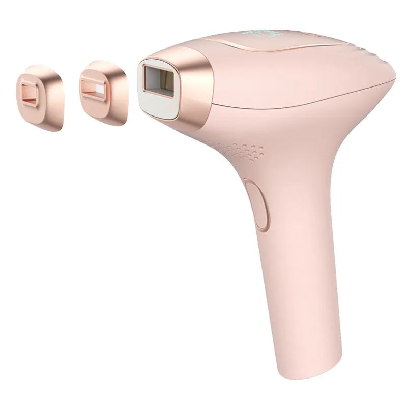 Three-in-one ice-sensing laser hair removal device in pink or white with shaver attachment and accessories