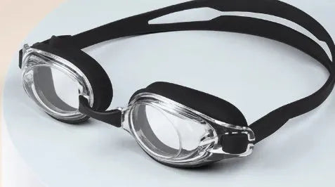 Black myopia swimming glasses with protective case, showing HD waterproof non-fogging swimming goggles.