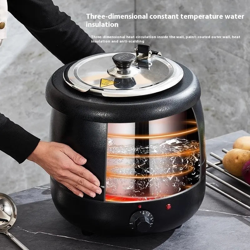 Black stainless steel insulated soup pot with steel lid and electric cord, showing large mouth opening.