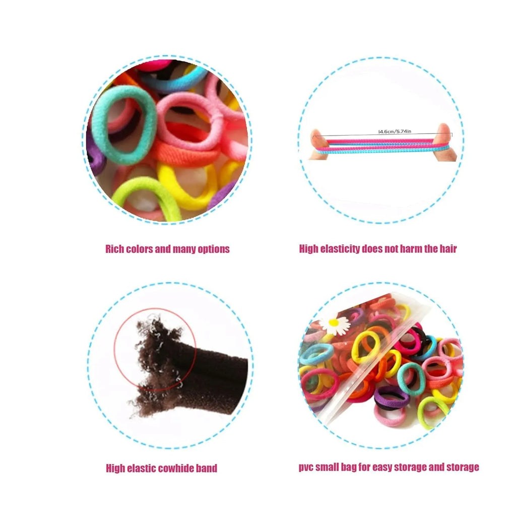100 multicoloured seamless cotton baby hair ties in a jar, showing soft fabric and small 0.85-inch size.