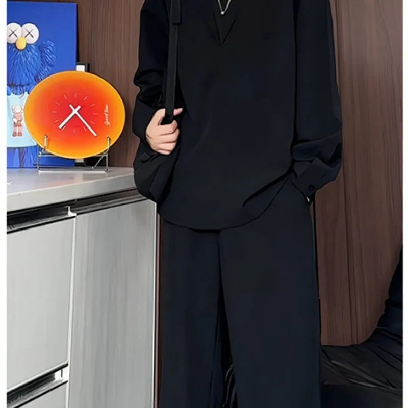 Men's black slim fit polo shirt and trousers two-piece casual set for autumn wear