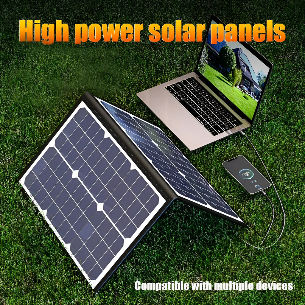 Black folding bag portable solar charger with 40W single crystal panel, shown folded to 425x285x8mm size.