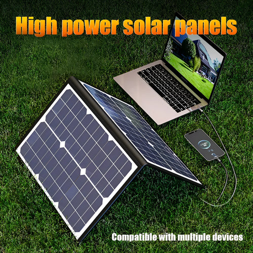 Black folding bag portable solar charger with 40W single crystal panel, shown folded to 425x285x8mm size.