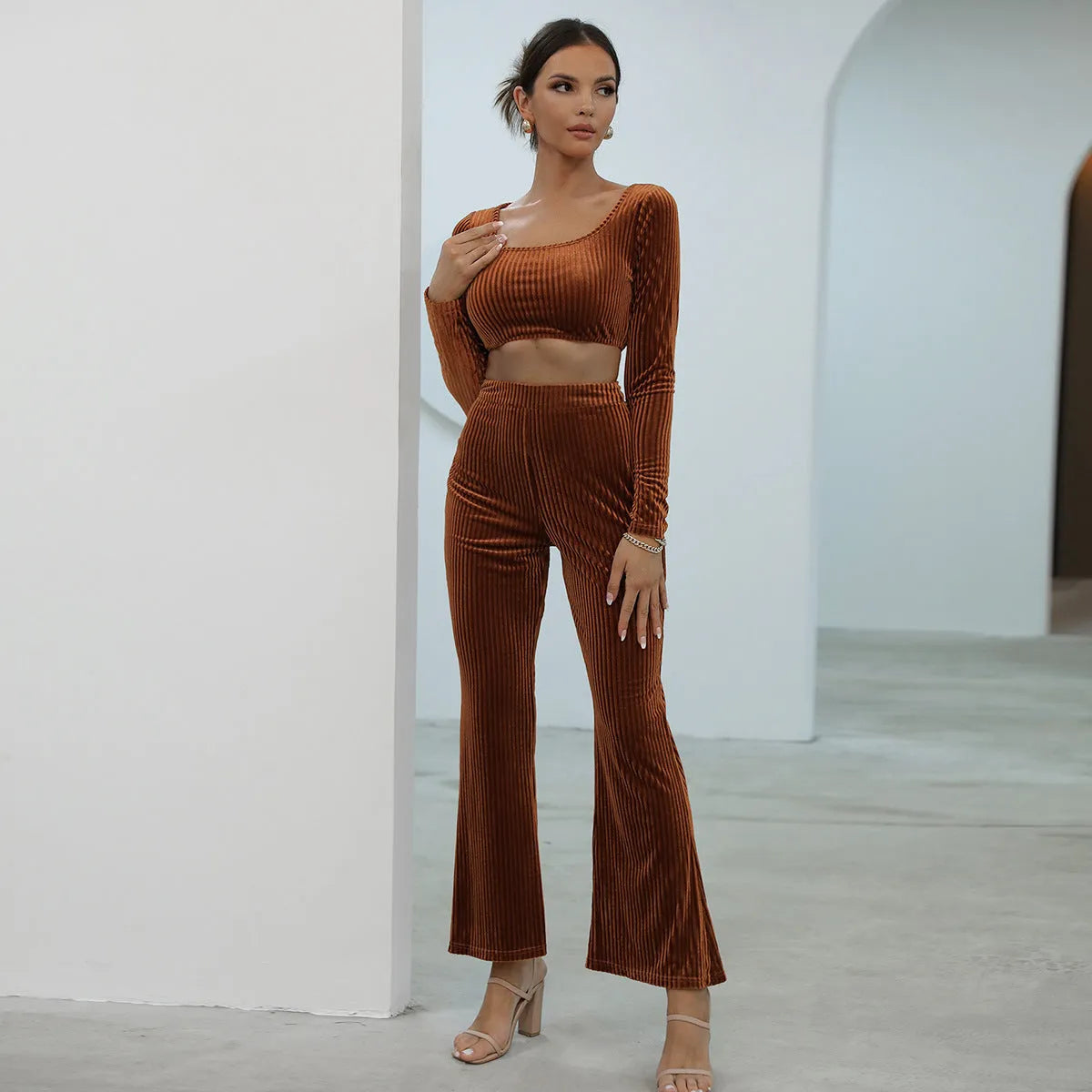 Caramel coloured long sleeve sweater set with matching trousers