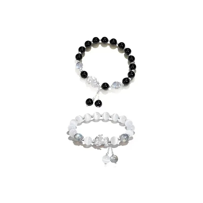 Natural black agate couple bracelet with 10mm wave shape and national style design