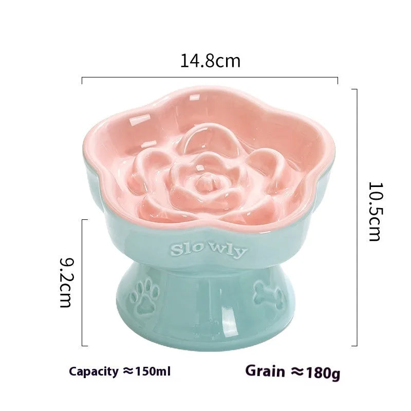 Black ceramic pet bowl with high foot neck protector design for spill prevention