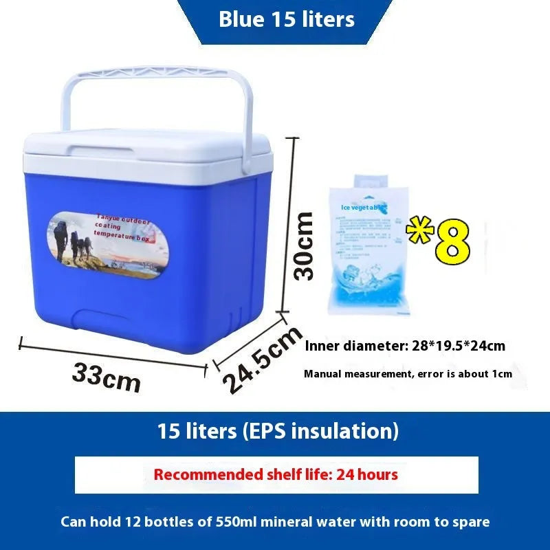 Blue portable insulated cooler box with aluminium foil layer, shown with capacity options from 3.5L to 38L.