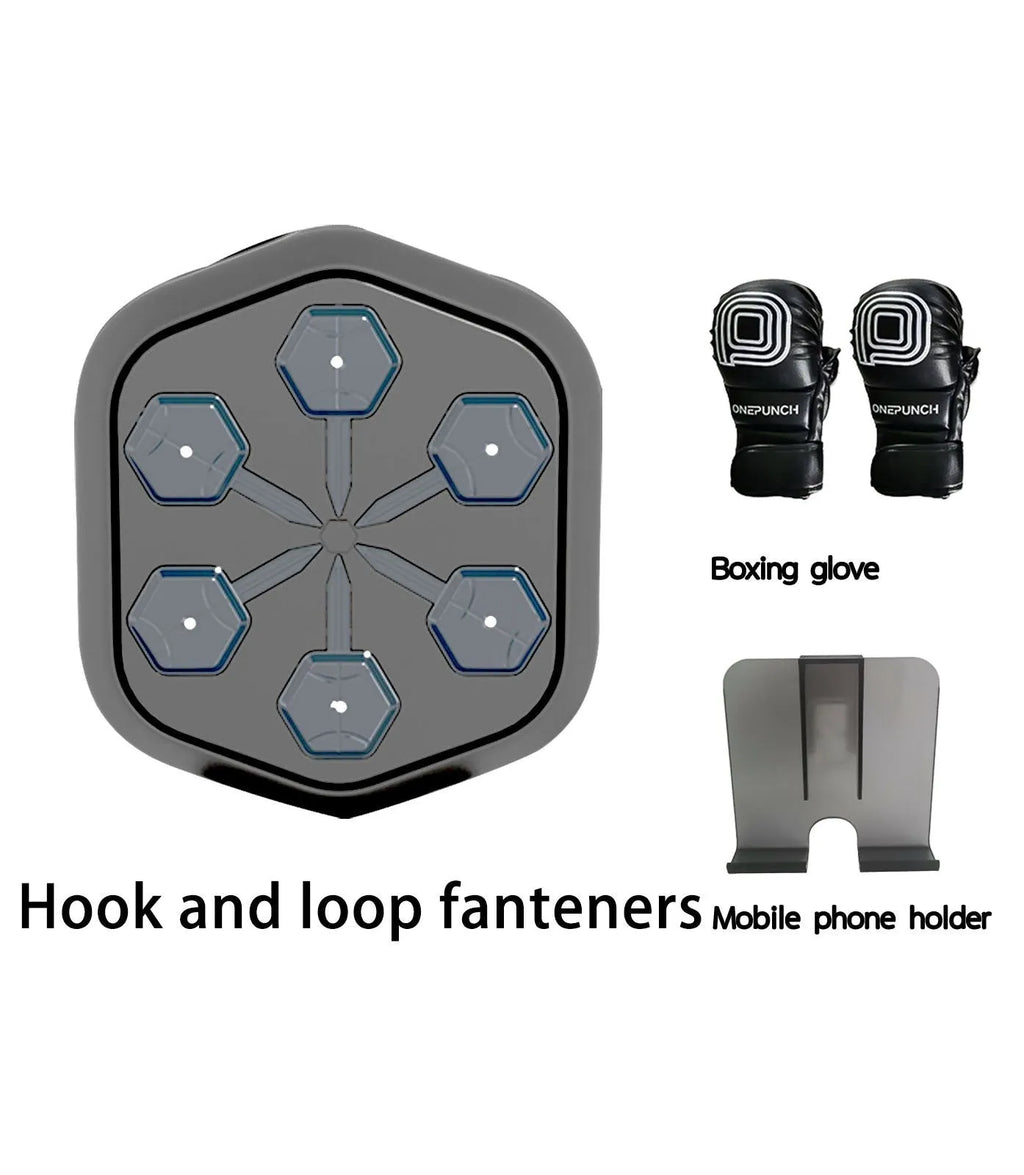 Black smart boxing machine with Bluetooth connectivity and included boxing gloves on EVA construction base
