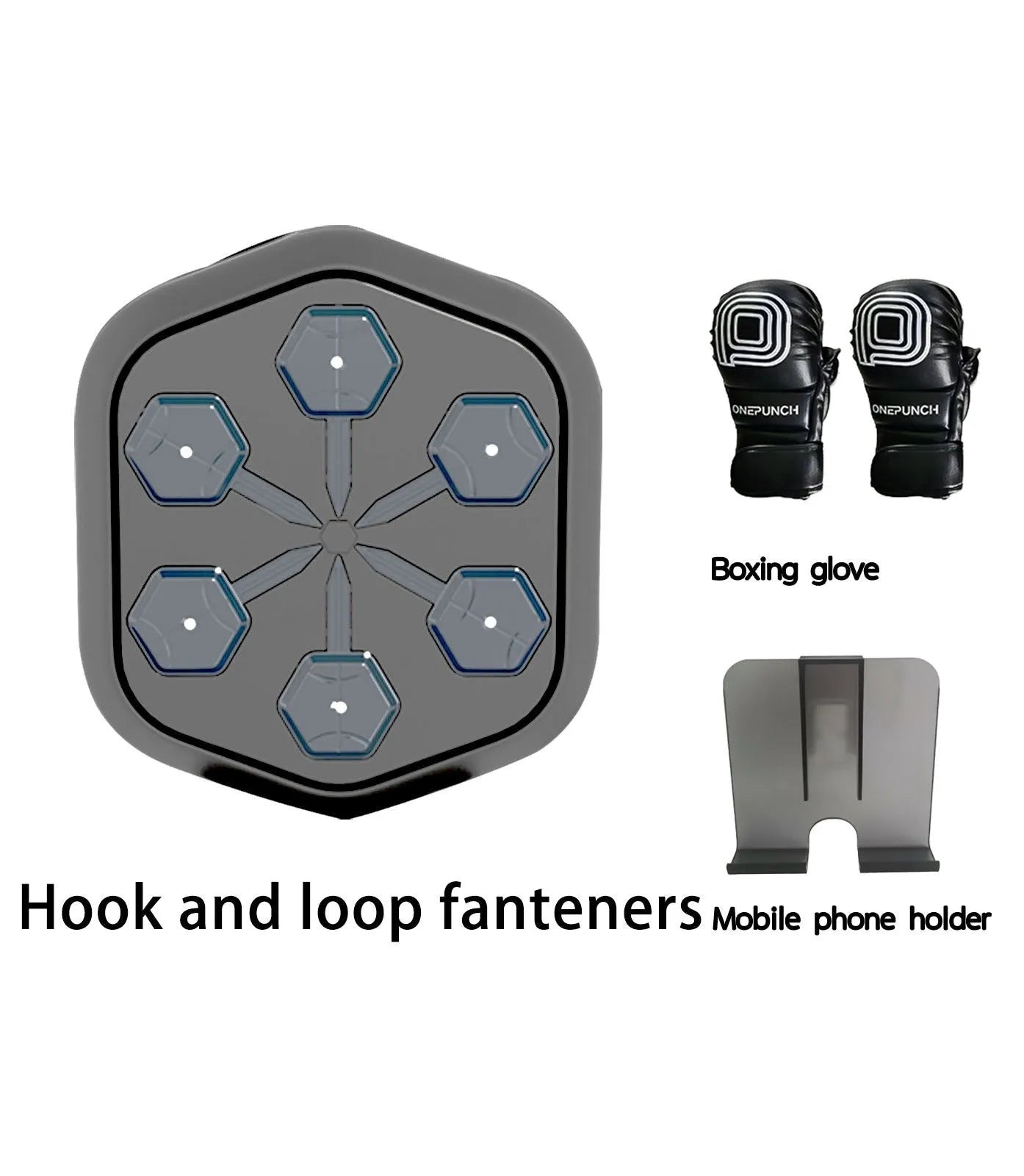 Black smart boxing machine with Bluetooth connectivity and included boxing gloves on EVA construction base