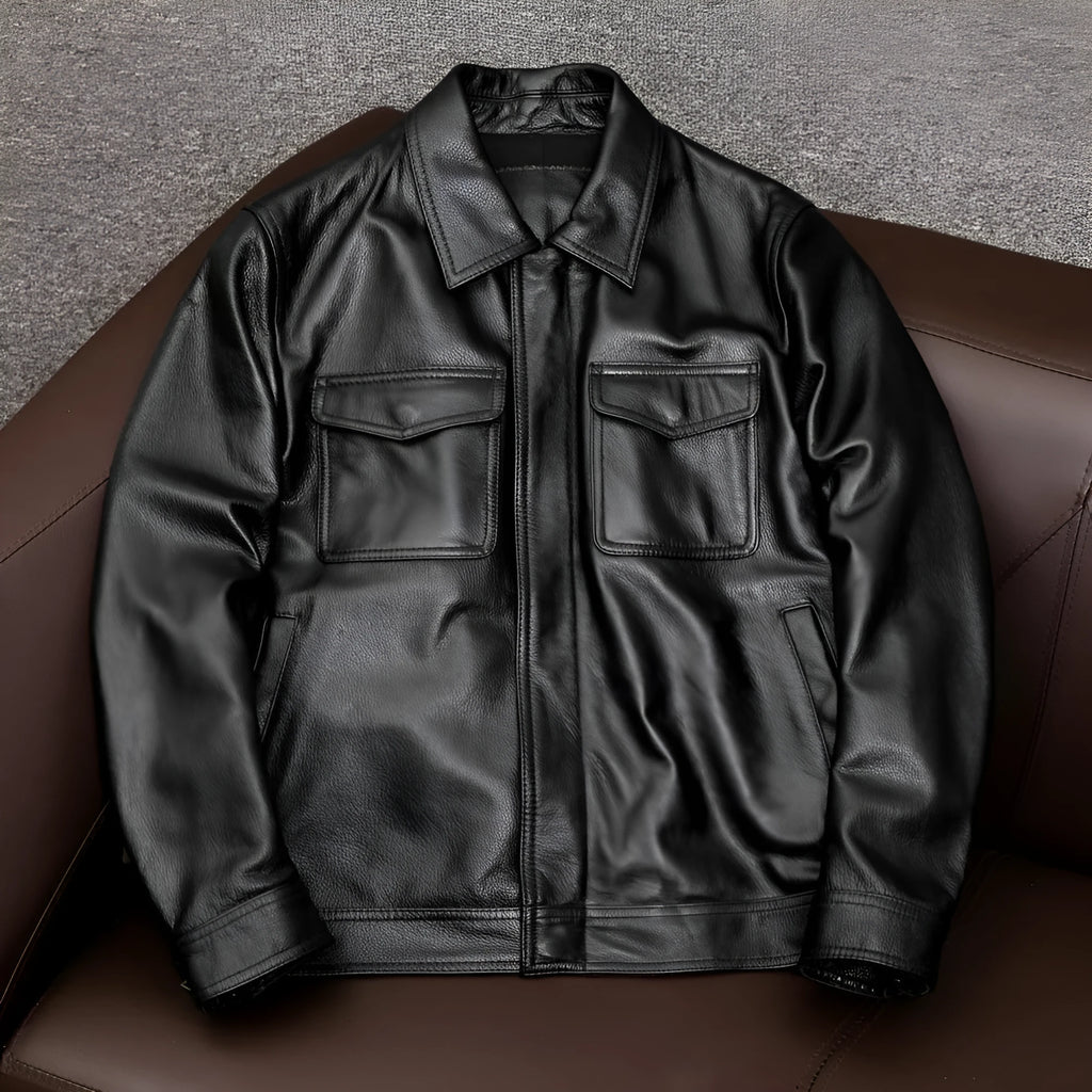 Men's plus size retro Kaji style PU leather jacket with lapel and side seam pockets