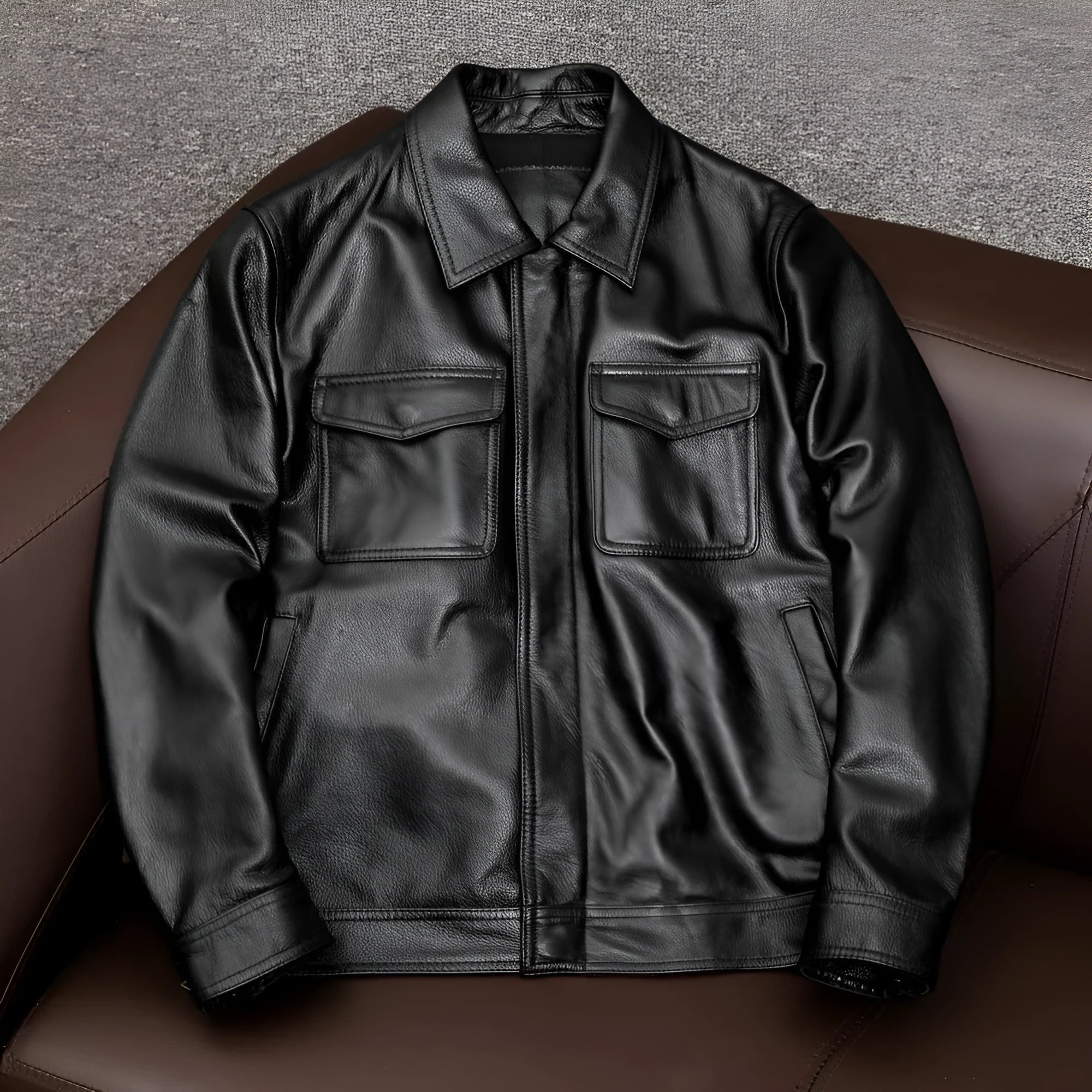 Men's plus size retro Kaji style PU leather jacket with lapel and side seam pockets