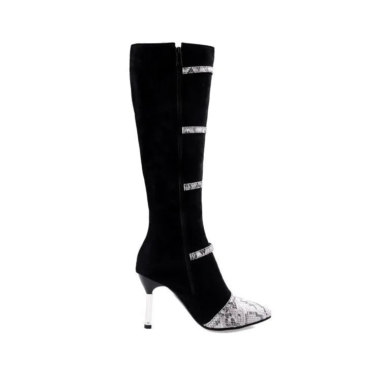 Grey women's knee high boots with a thin high heel and pointed toe on a plain background.