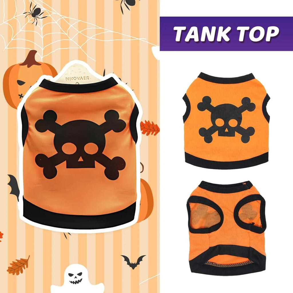 Pack of five Halloween dog vests in blue, orange, and purple with skull and bones pattern on white background