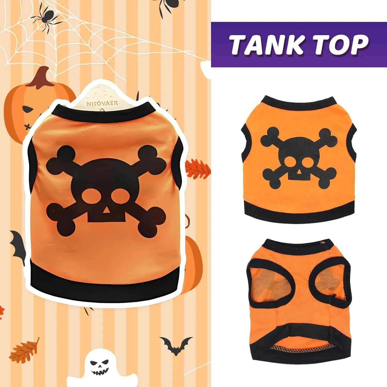 Pack of five Halloween dog vests in blue, orange, and purple with skull and bones pattern on white background