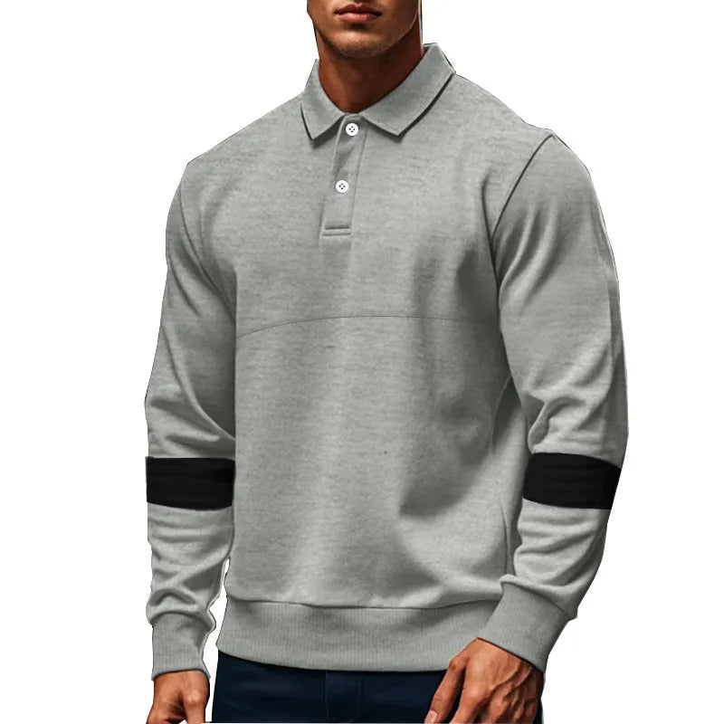 Men's long-sleeved lapel polo shirt with button front in five colour options including khaki and black