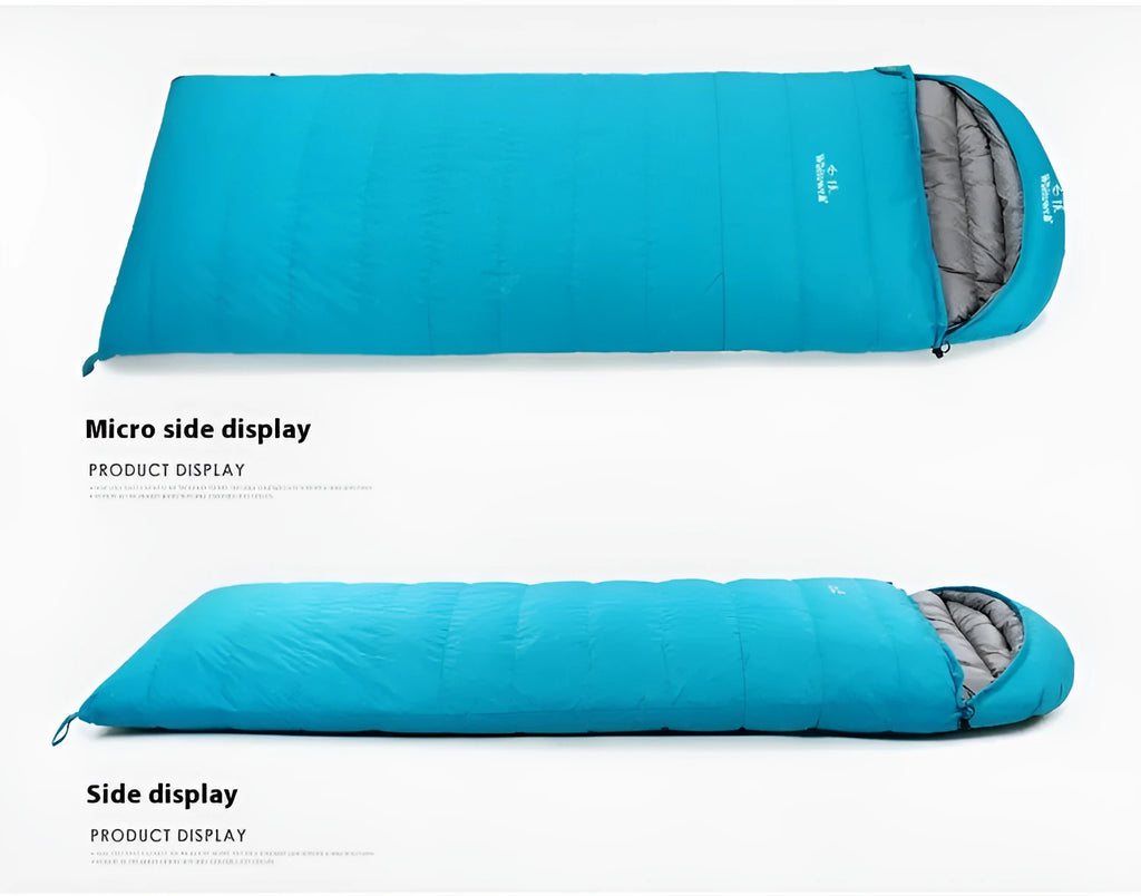 Black outdoor down sleeping bag with envelope structure for adults, shown with white goose down filler.