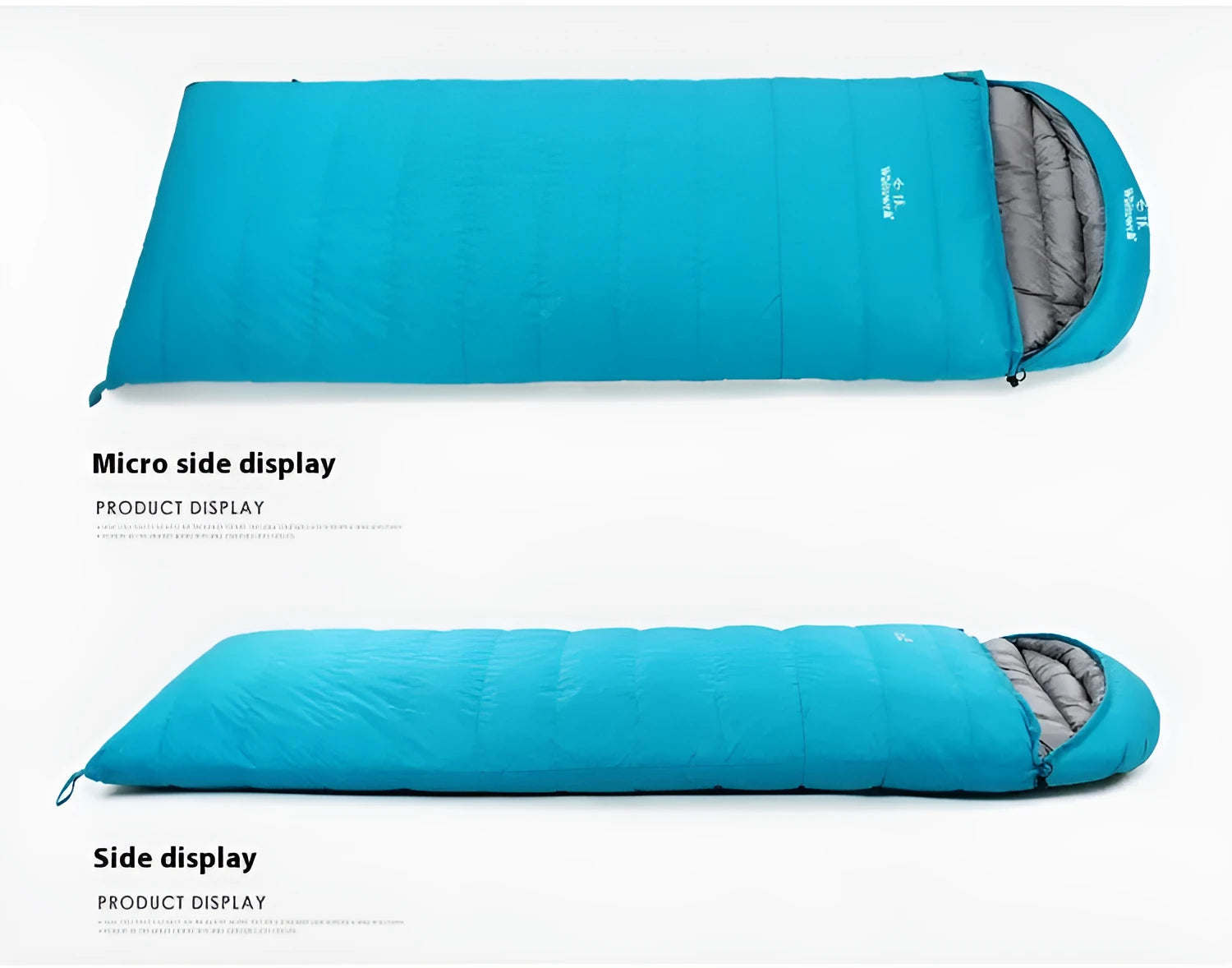 Black outdoor down sleeping bag with envelope structure for adults, shown with white goose down filler.