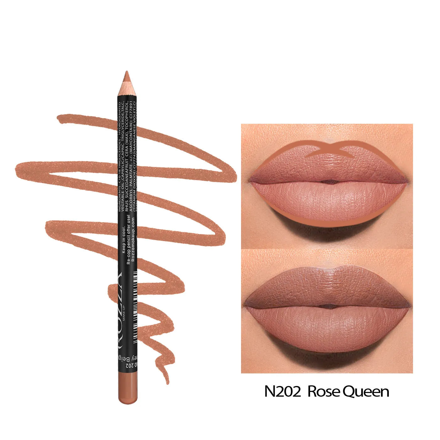 Matte finish lip liner pencil in wood casing with colour options 201 to 214 for 24-hour wear