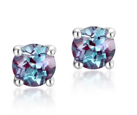 Women's sterling silver ear studs with cultivated Alexandrite stone in geometric round design