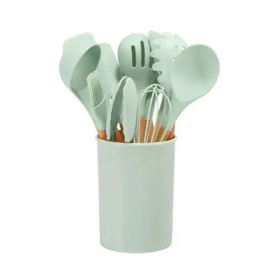 12-piece silicone kitchenware set with wooden handles in modern simplicity design, colour box packaging