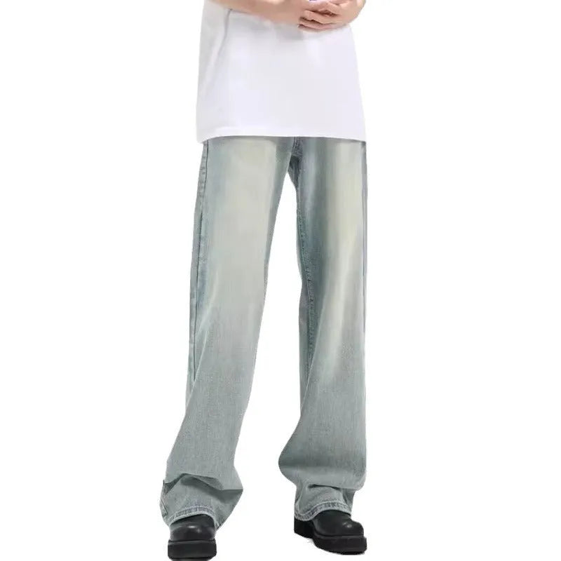 Blue retro loose casual trousers with rabbit fur fabric elastic material shown on mannequin