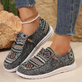 Women's flat round toe casual shoes in black, dark grey, or khaki with a low-top design and rubber sole.