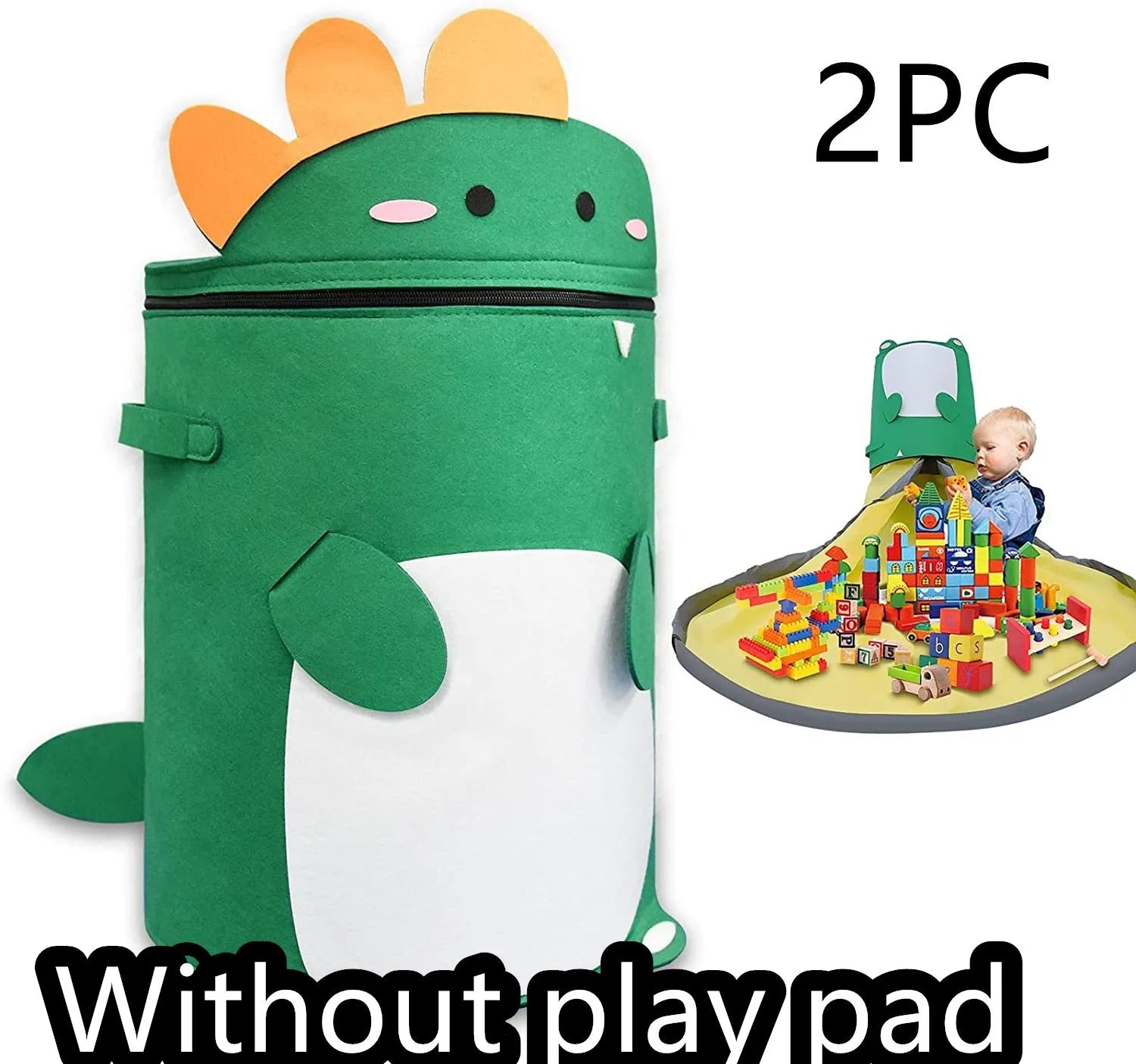 Green felt storage bag cinched closed with pull rope, shown next to it laid flat as a play mat