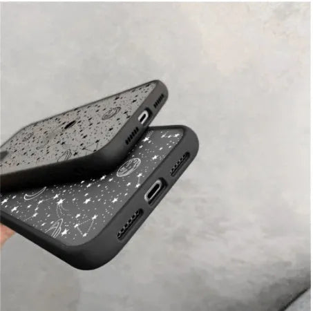 Black and white Star Universe iPhone case shell shown next to compatible iPhone models like XR, 12, and 13.