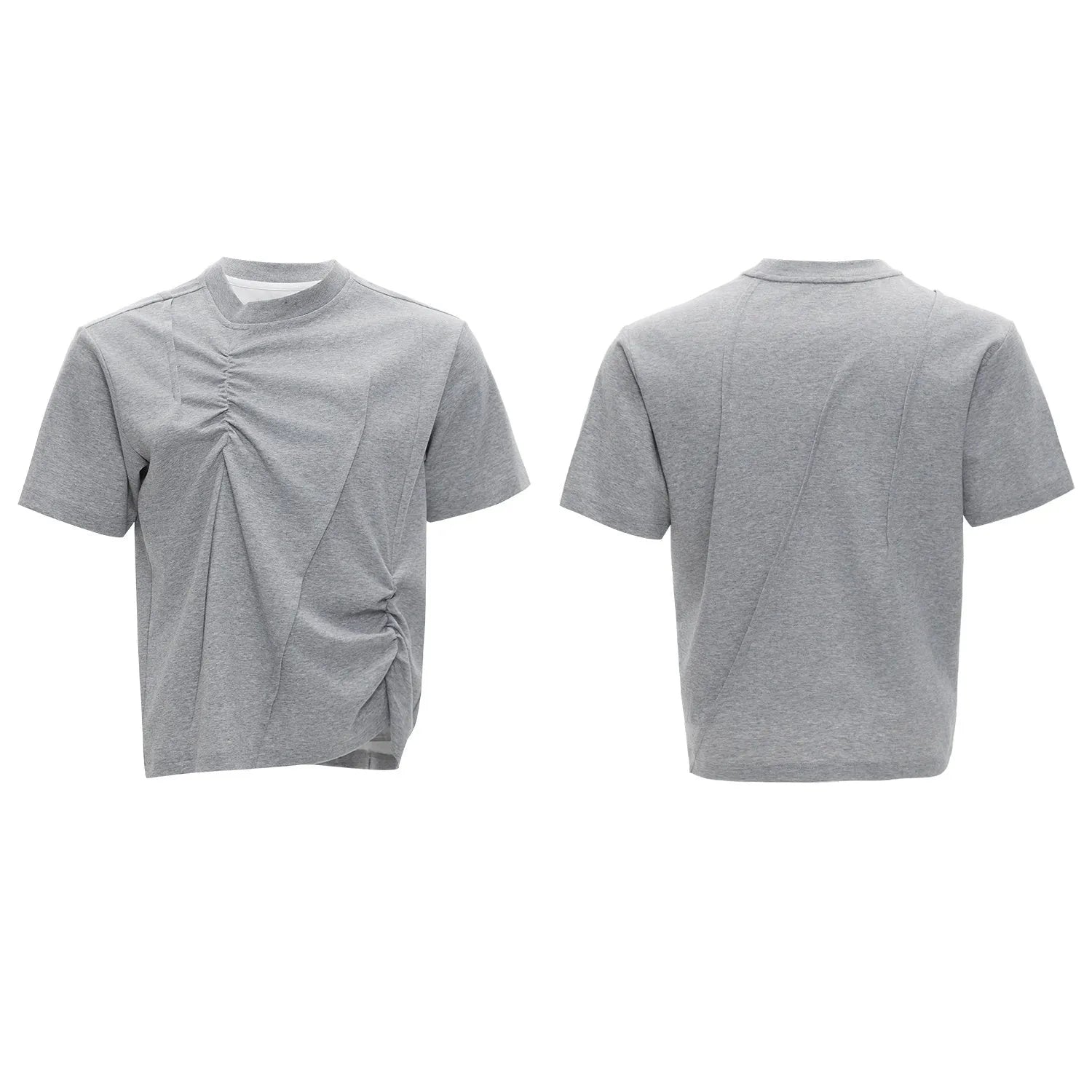 Men's grey cotton T-shirt with pleated detail and a round neck on a hanger.