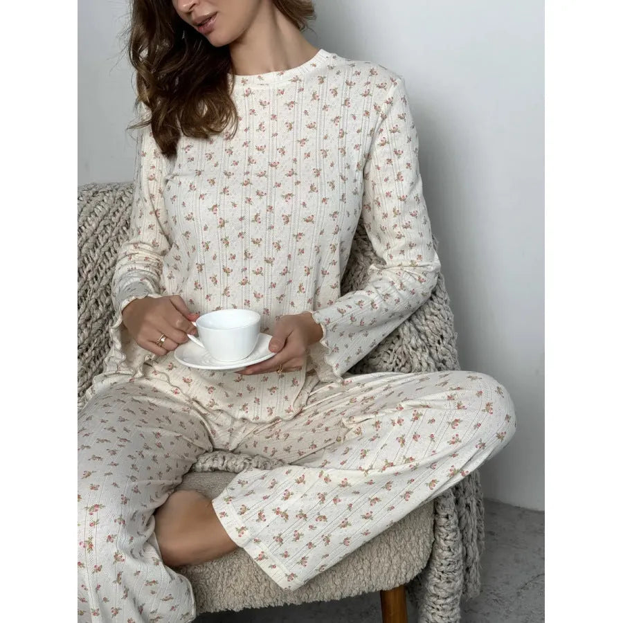 Women's white floral print matching set with bell sleeve top and wide leg trousers