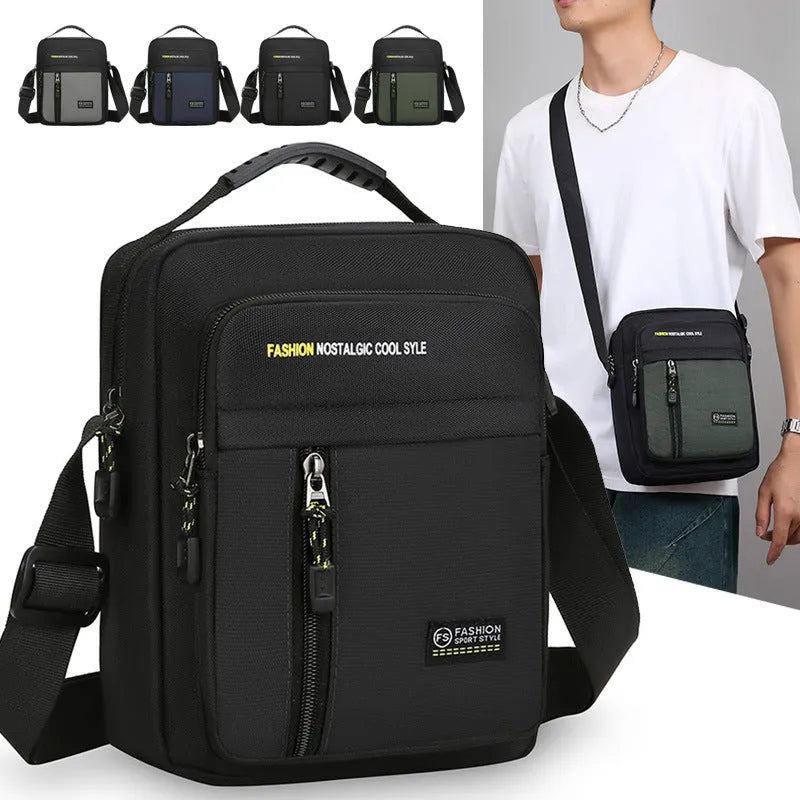 Men's casual nylon messenger bag with crossbody strap in green, grey, black, or blue colours