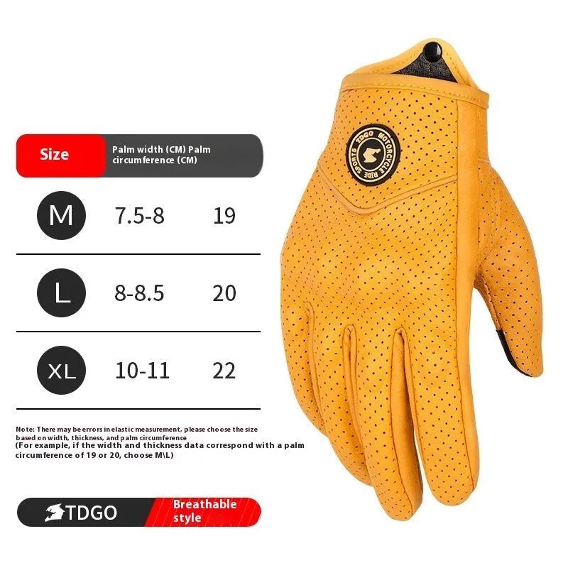 TDGO genuine leather retro biker gloves in yellow with half-finger and full-finger windproof styles