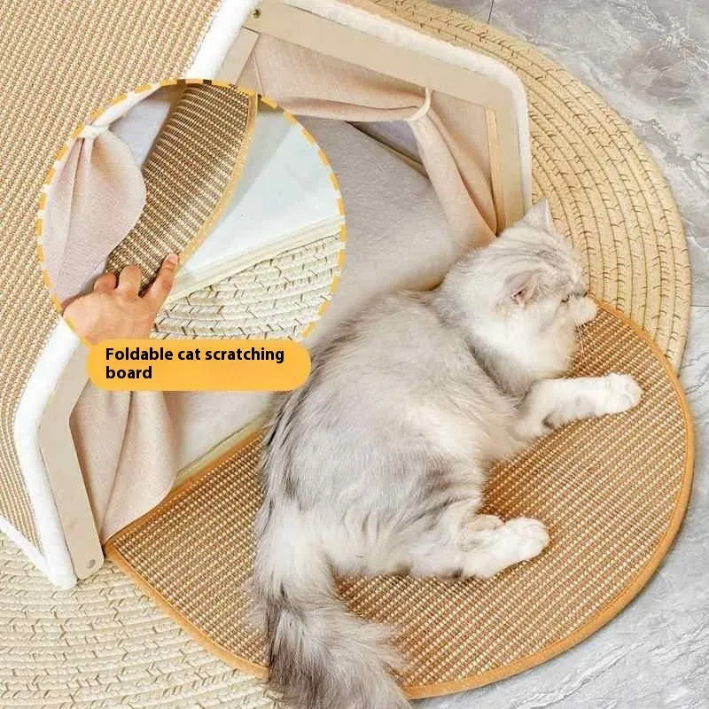 Windproof sisal cat tent with solid wood frame, large size, for indoor scratching and resting.